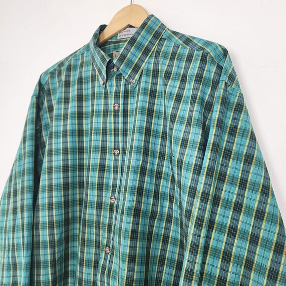 Vtg Cotton Plaid Long Sleeve Collared Button Down Shirt Turquoise Green Yellow - Picture 5 of 16